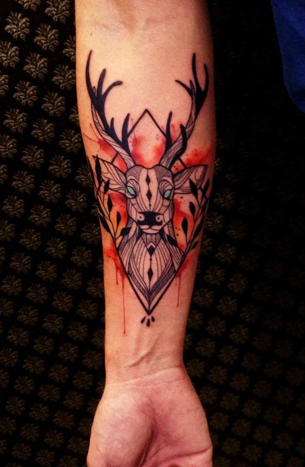 600x920 Unique Watercolor Deer Head Tattoo Design On Forearm - Watercolor Deer Tattoo