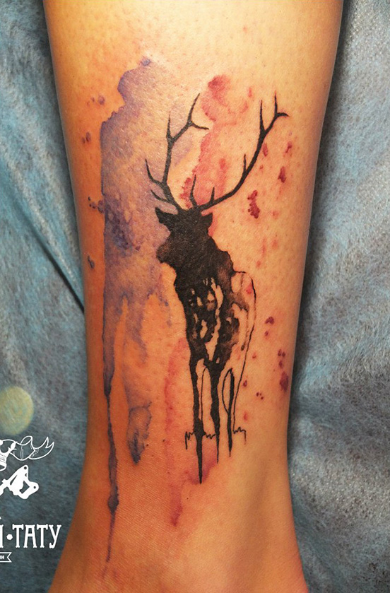 552x839 Watercolor Deer Tattoo On Side Leg - Watercolor Deer Tattoo