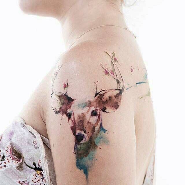 640x640 A Shoulder Tattoos, Tattoo And Deer Tattoo - Watercolor Deer Tattoo