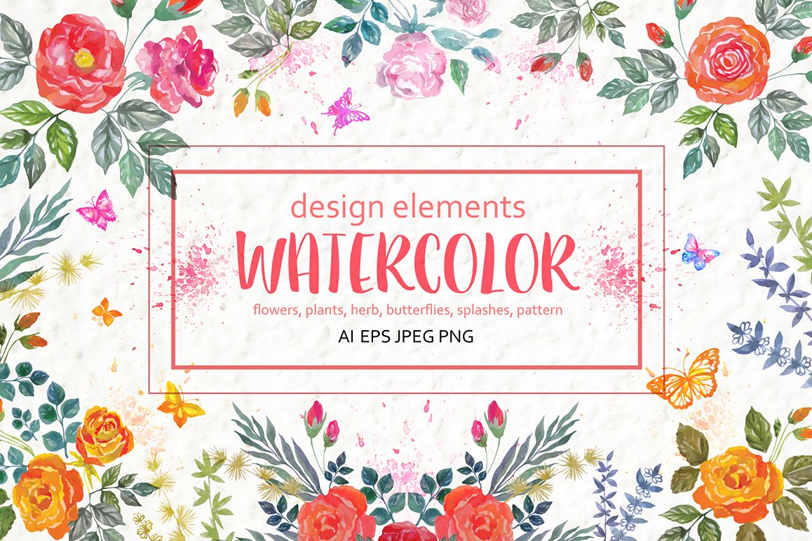 1158x772 Set Of Watercolor Design Elements Rose Flowers, Plants - Watercolor Design Elements