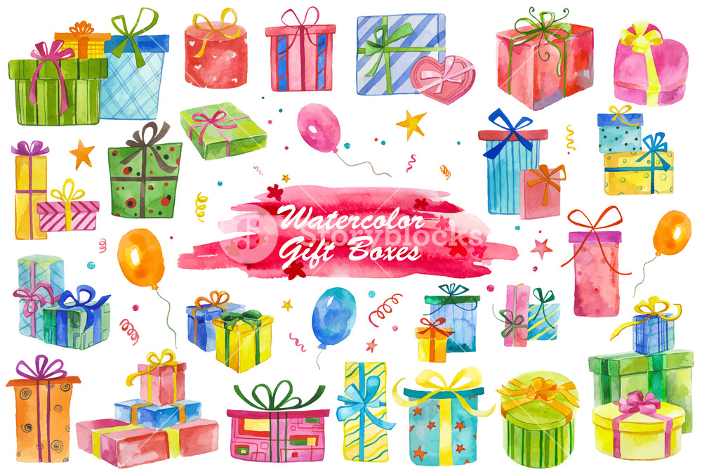1000x675 Watercolor Painted Collection Of Gift Boxes. Hand Drawn Holiday - Watercolor Design Elements