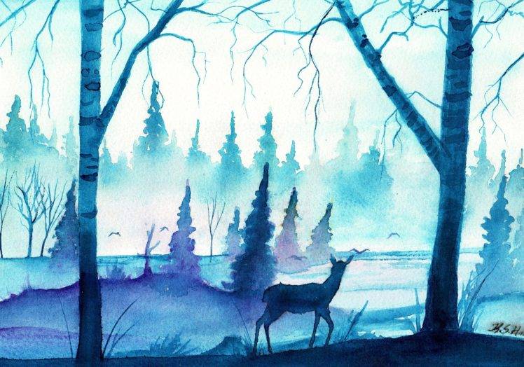 748x524 Watercolor, Deer, Blue, Forest, Mist Wallpapers Hd Desktop And - Watercolor Desktop Background