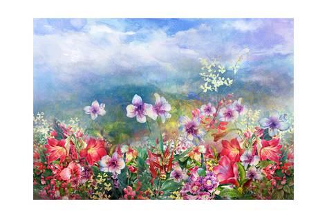 473x315 Landscape Of Multicolored Flowers Watercolor Painting Style - Watercolor Digital Art