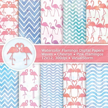 350x350 Pink Flamingo Watercolor Digital Paper, 10 Printable Animal - Watercolor Digital Paper