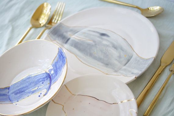 570x381 Linen Watercolor Dinnerware Plates With 22k Outline Choose Your - Watercolor Dinnerware