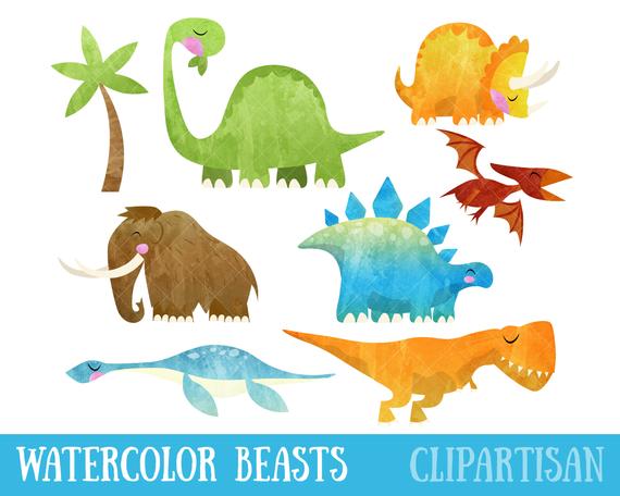 570x456 Watercolor Dinosaur Clipart Prehistoric Animal Clip Art T Etsy - Watercolor Dinosaur