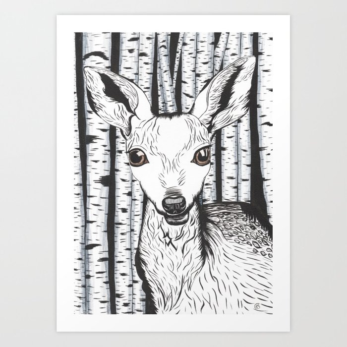 700x700 Ink And Watercolor Black And White Doedeer In The Forest Art - Watercolor Doe