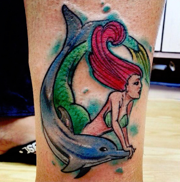 579x585 Colorful Mermaid With Dolphin Tattoo Design - Watercolor Dolphin Tattoo
