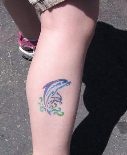 412x503 Watercolor Dolphin Tattoo On Leg - Watercolor Dolphin Tattoo