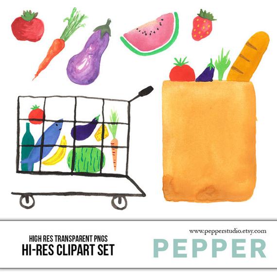 570x570 Groceries Watercolor Doodles Illustrated Clipart Etsy - Watercolor Doodles