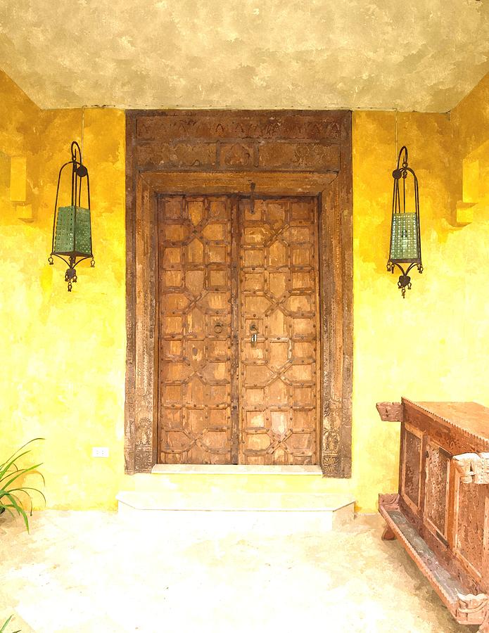 695x900 Watercolor Of Antique Moroccan Style Wooden Door On Yellow Wall - Watercolor Door