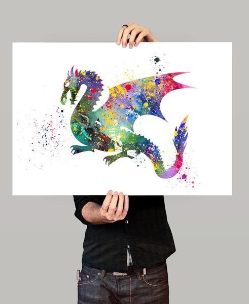 491x600 Dragon Painting Wall Art Picture, Dragon Art Print, Dragon - Watercolor Dragon Paintings