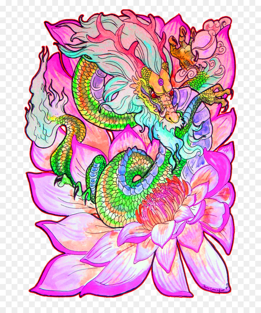 900x1080 Floral Design Lotus Cars Dragon Art Watercolor Painting - Watercolor Dragon Paintings