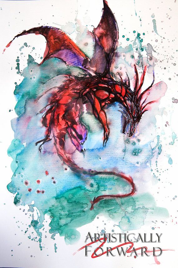 570x855 Flying Red Dragon Watercolor Painting Print By Artisticallyforward - Watercolor Dragon Paintings