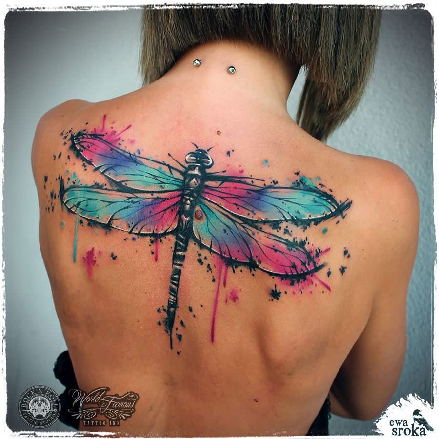 900x900 Watercolor Dragonfly Tattoo On Upper Back - Watercolor Dragonfly Tattoo
