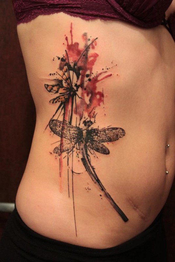 600x896 Wonderful Watercolor Dragonfly Tattoo On Ribs - Watercolor Dragonfly Tattoo