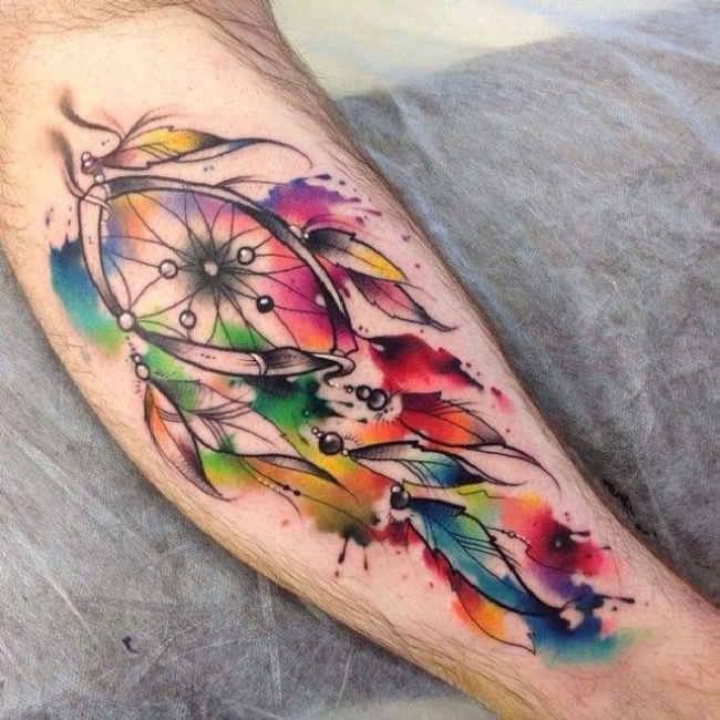 650x650 Colorful Watercolor Dreamcatcher Tattoo On Leg - Watercolor Dreamcatcher Tattoo