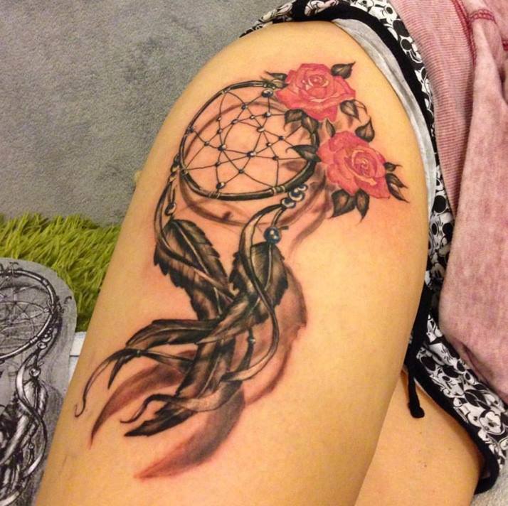 714x712 Red Rose And Watercolor Dreamcatcher Tattoo On Side Thigh - Watercolor Dreamcatcher Tattoo