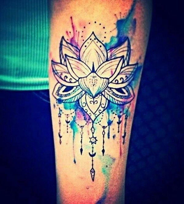 600x666 Watercolor Dream Catcher Lotus Flower Tattoo Design Idea - Watercolor Dreamcatcher Tattoo