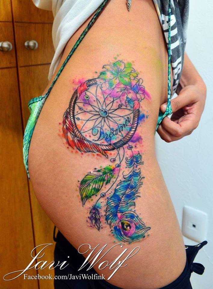 708x960 Watercolor Dreamcatcher Tattoo On Side Leg By Javi Wolf - Watercolor Dreamcatcher Tattoo