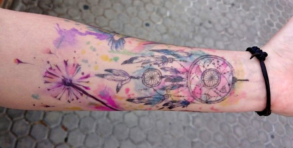 1024x520 Watercolor Dreamcatcher Tattoo With Dandelion - Watercolor Dreamcatcher Tattoo
