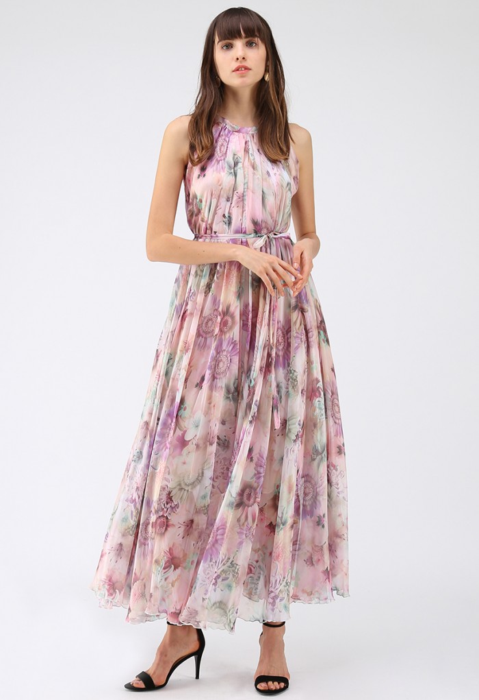 700x1021 Sunflower Blossom Watercolor Chiffon Maxi Slip Dress - Watercolor Dress