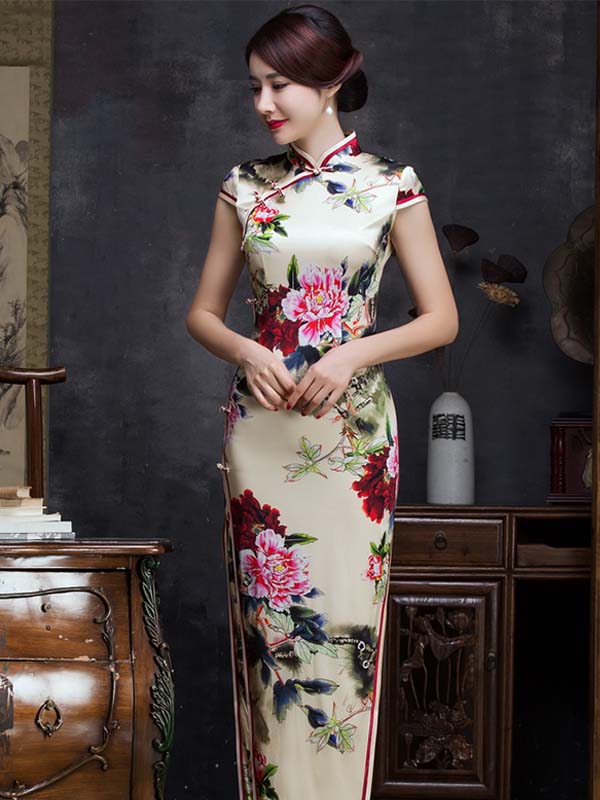 600x800 Red Watercolor Peony Floral Light Yellow Silk Long Cheongsam - Watercolor Dress Long