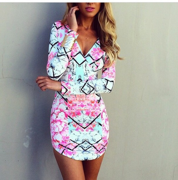 606x610 Colorful Prints, Perfecto, Dress, Long Sleeve Dress, Summer Dress - Watercolor Dress Long