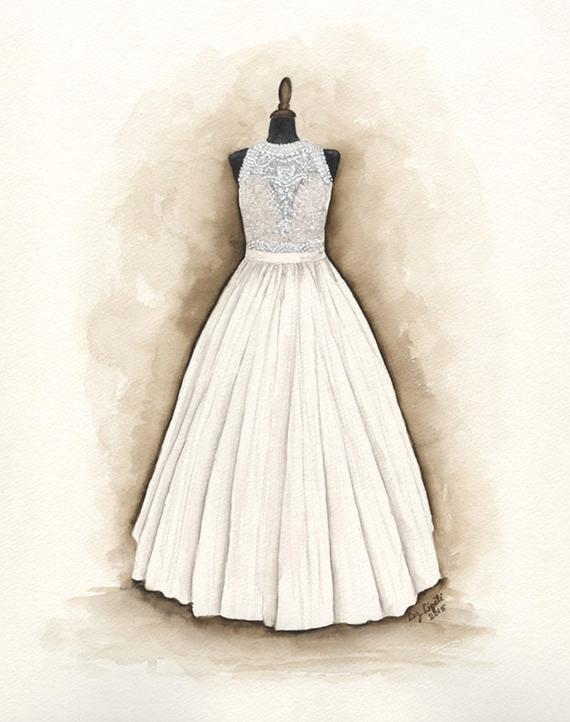 570x722 Custom Wedding Dress Painting Watercolor Unique Gift For Etsy - Watercolor Dress Painting