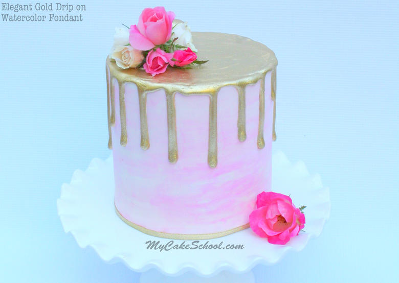 780x554 Gold Drip On Watercolor Fondant Video Tutorial My Cake School - Watercolor Drip Technique