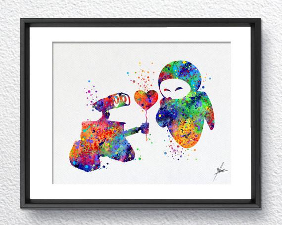 570x456 Wall E And Eve Love Movie Watercolor Art Print Wall Art Poster - Watercolor E