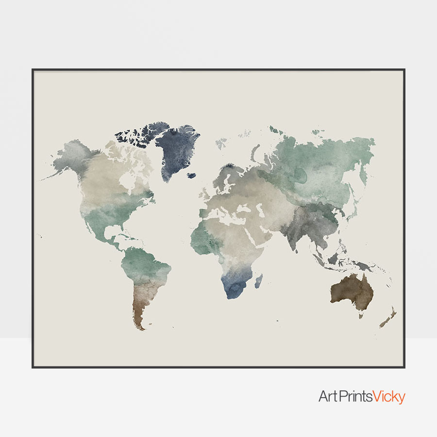 900x900 World Map Watercolor Earth Tones 1 Artprintsvicky - Watercolor Earth