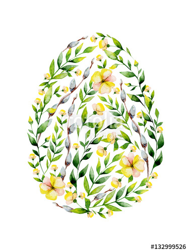 375x500 Watercolor Yellow Flower And Herbs Easter Egg Design. May Be Used - Watercolor Easter