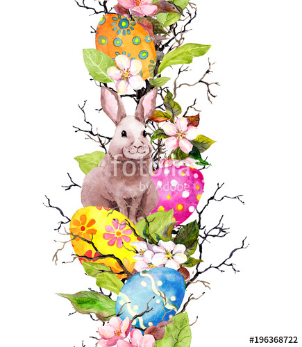 435x500 Eggs, Bunny, Spring Blossom Flowers, Branches, Green Leaves - Watercolor Easter Bunny