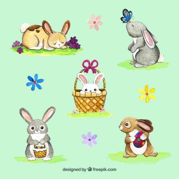 626x626 Set Of Watercolor Bunnies And Flowers Vector Free Download - Watercolor Easter Bunny
