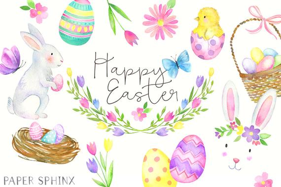 570x380 Watercolor Easter Clipart Easter Bunny Clip Art Spring Etsy - Watercolor Easter Bunny