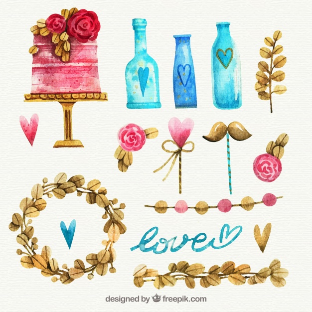 626x626 Watercolor Wedding Elements Collection Vector Free Download - Watercolor Elements