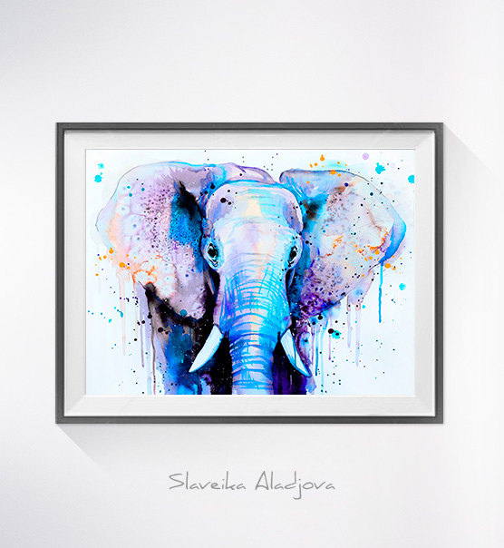 556x604 Blue Elephant Head Watercolor Painting Print - Watercolor Elephant Art