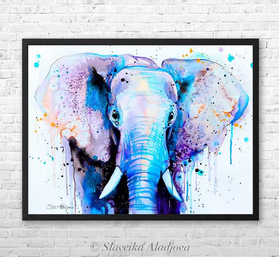 570x524 Blue Elephant Head Watercolor Framed Canvas By Slaveika Etsy - Watercolor Elephant Head