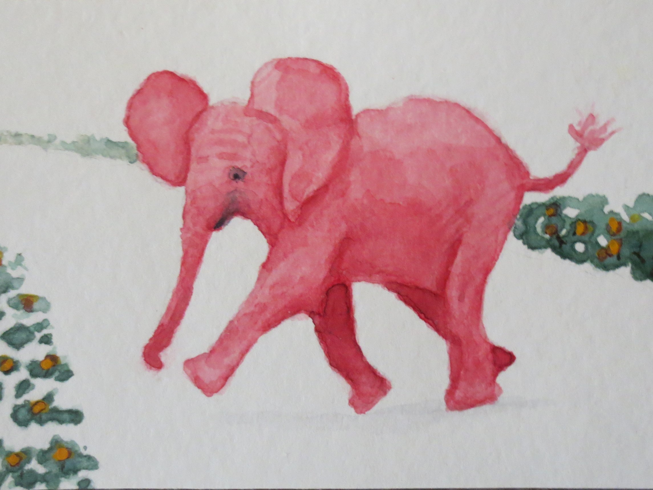 2290x1718 Red Baby Elephant Walking Across Road By Addison Aceo Original - Watercolor Elephant Painting