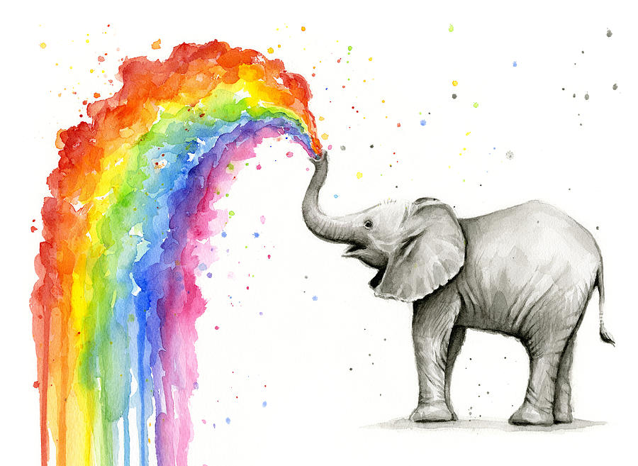 900x657 Baby Elephant Spraying Rainbow Painting By Olga Shvartsur - Watercolor Elephant Painting