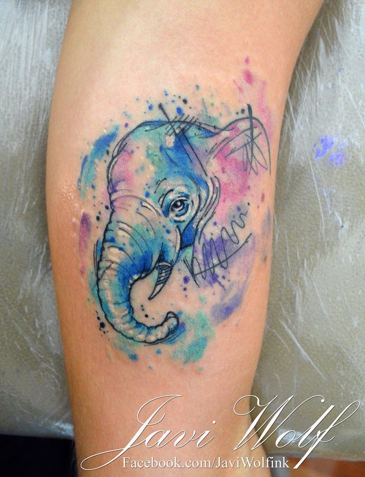 734x960 Watercolor + Sketch Elephant Tattoo. Tattooed By @javiwolfink Www - Watercolor Elephant Tattoo