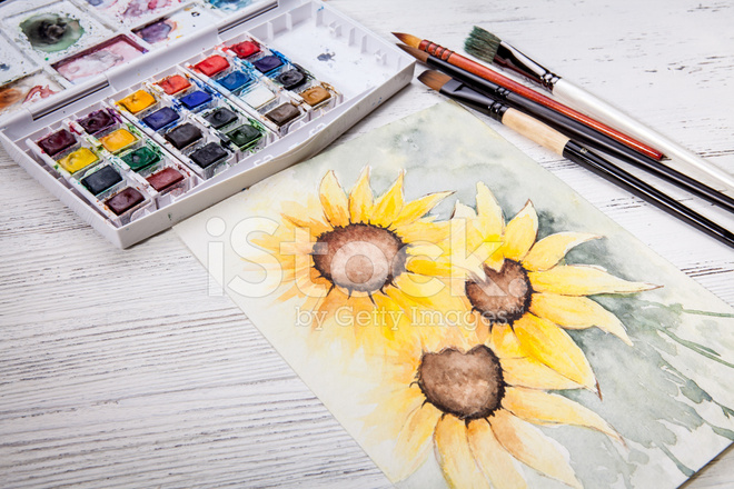 660x440 Watercolor Painting Sunflower Wit Stock Photos - Watercolor Equipment