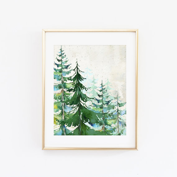 570x570 Watercolor Evergreen Trees 8x10 Printable Art Print Nursery - Watercolor Evergreen Trees