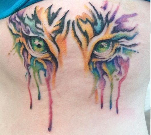 531x473 Colorful Watercolor Tiger Eyes Tattoo On Girl Back - Watercolor Eye Tattoo