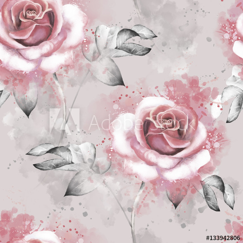 500x500 Seamless Pattern With Pink Flowers And Leaves On Gray Background - Watercolor Fabric Design