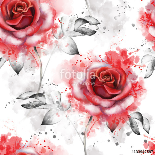 500x500 Seamless Pattern With Red Flowers And Leaves On White Background - Watercolor Fabric Design