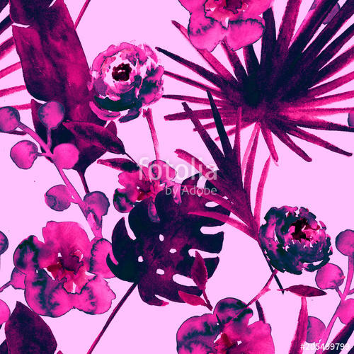 500x500 Tropical Watercolor Seamless Pattern Retro Banana, Fan Leaves - Watercolor Fabric Design