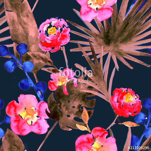 500x500 Banana Fan Leaves Roses Watercolor Seamless Floral Background - Watercolor Fabric Prints