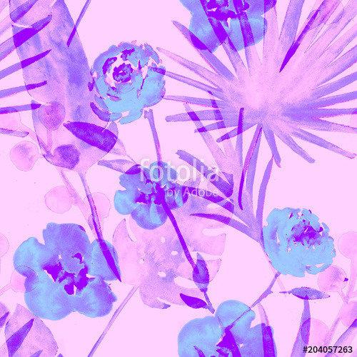 500x500 Tropical Watercolor Seamless Pattern Retro Banana, Fan Leaves - Watercolor Fabric Prints